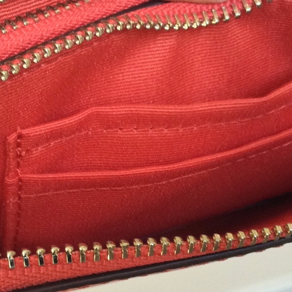 Coach Pebbled Leather Double Zip Around Wallet Wristlet Bright Poppy - Picture 5 of 6